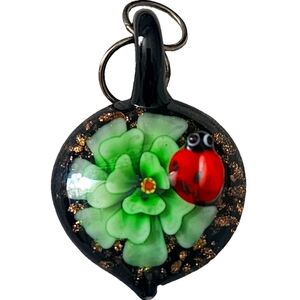 Art Glass Pendant with Ladybug and Green Flower Unique  Jewelry Handmade…